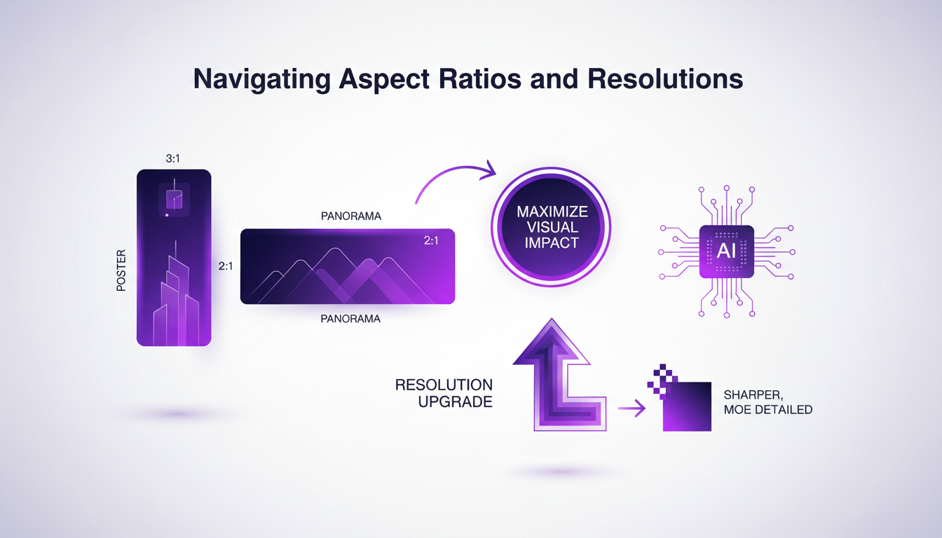 Illustration moderne de ratios d'aspect et résolutions, avec des formes géométriques et dégradés indigo et violet, pour un blog AI.
