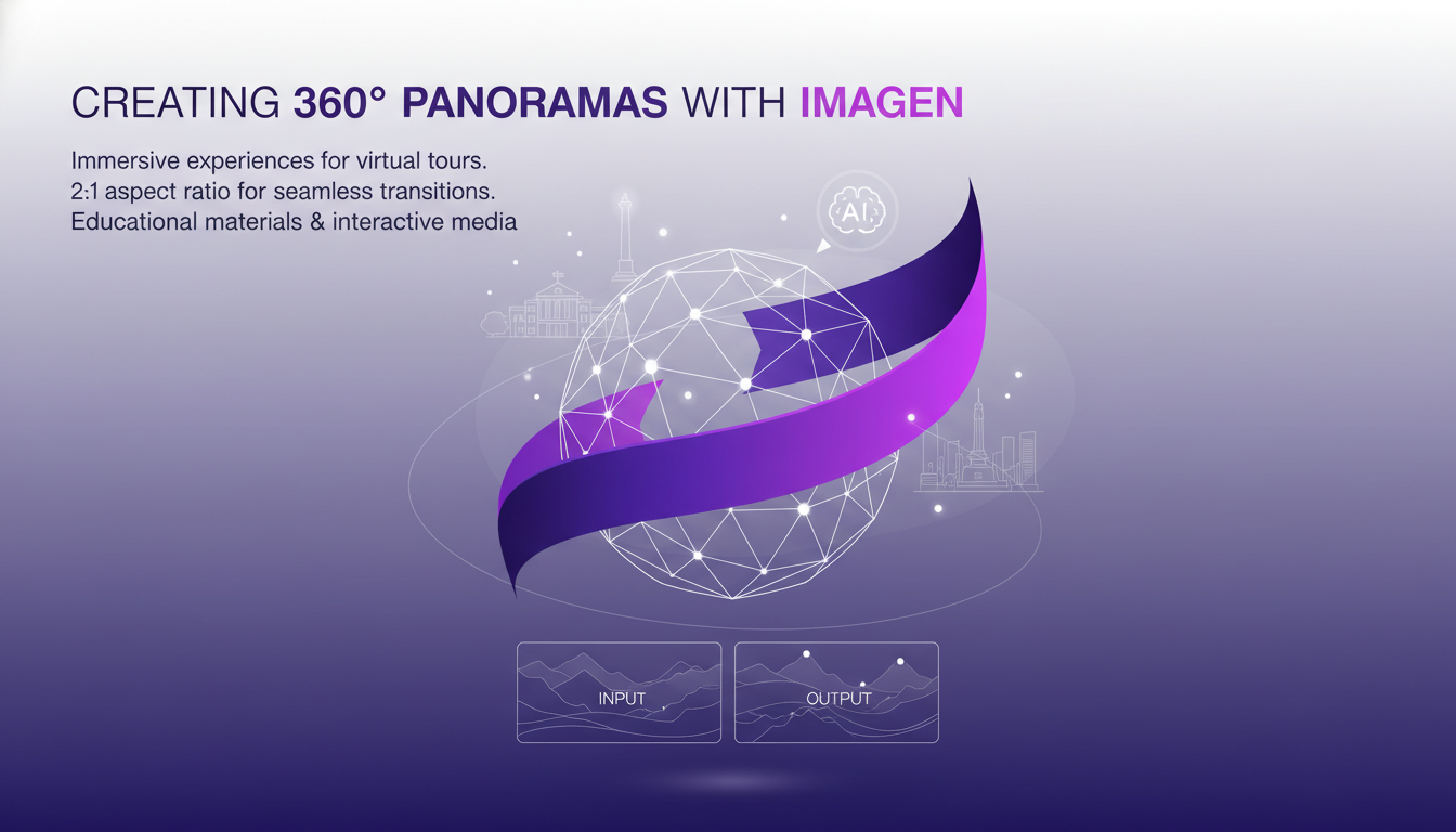 Illustration moderne de création de panoramas 360° avec Imagen, utilisant des formes géométriques et des dégradés indigo et violet.