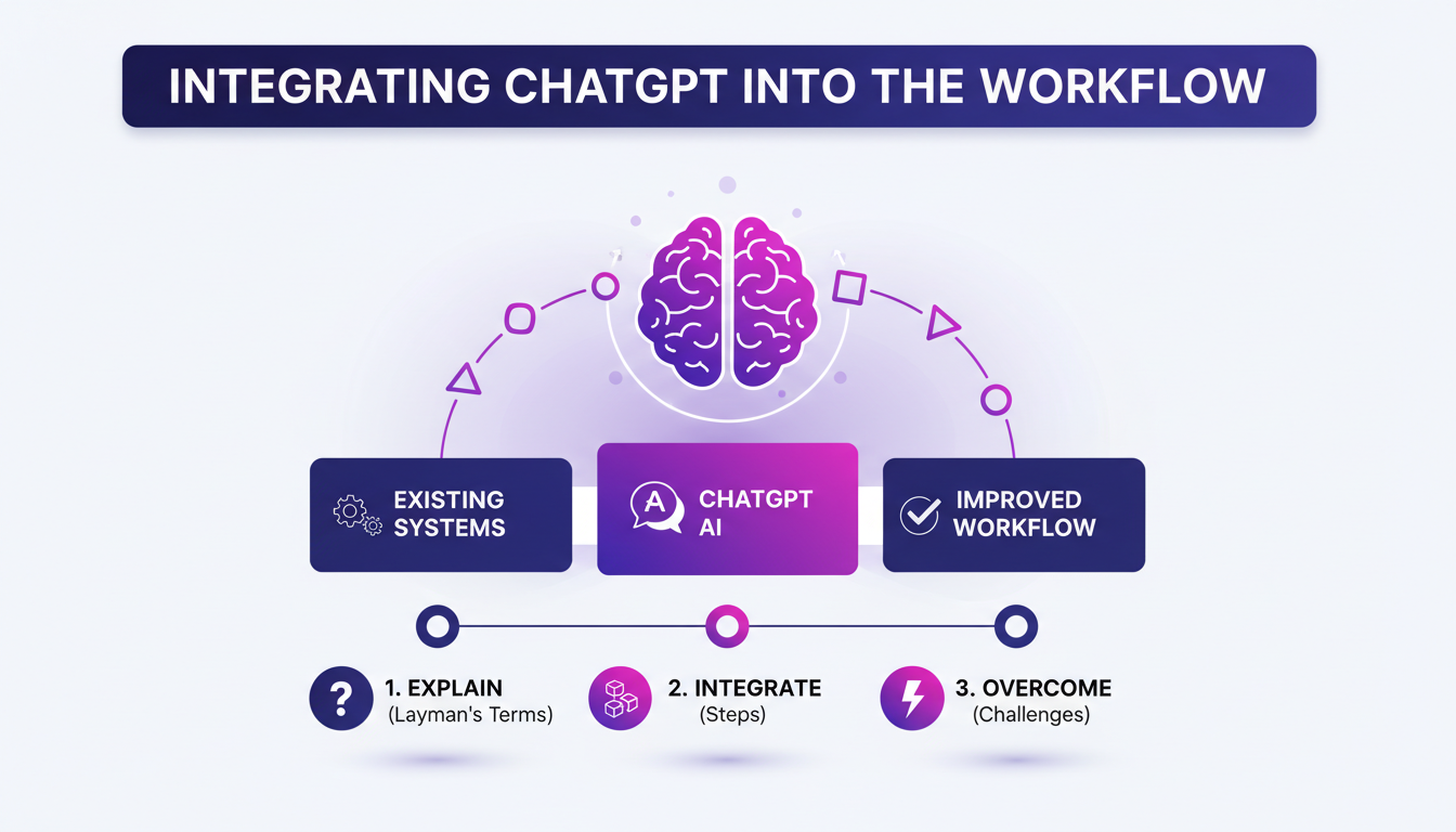 Illustration moderne montrant l'intégration de ChatGPT dans le flux de travail, avec des formes géométriques et des dégradés violets.