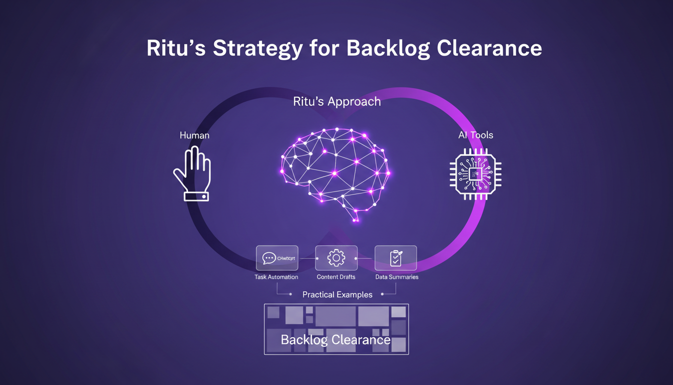 Illustration moderne de la stratégie de Ritu pour éliminer les arriérés avec l'IA, montrant collaboration homme-IA et tâches automatisées.