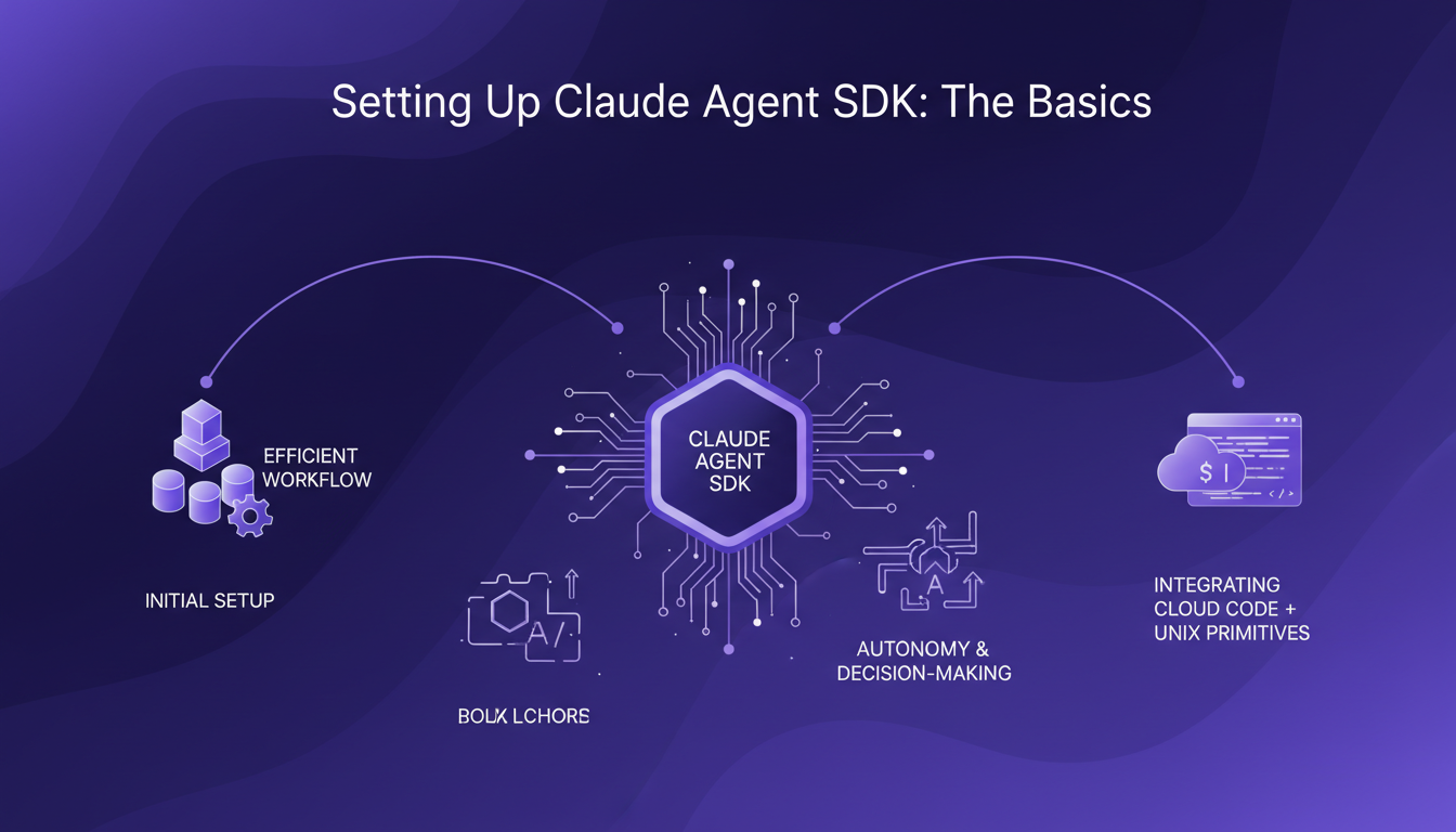 Modern illustration depicting initial setup of Claude Agent SDK with Cloud Code integration and Unix primitives for efficient workflow.