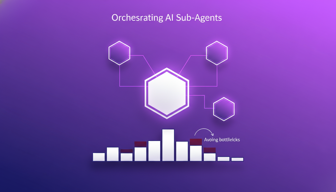 Modern illustration of managing sub-agents and workloads, featuring geometric shapes and indigo-violet color palette.