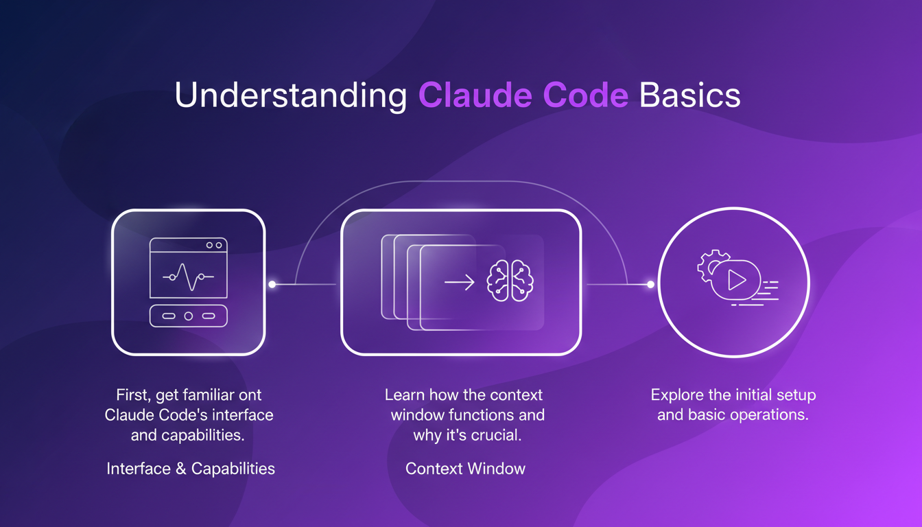 Modern illustration on understanding Claude Code basics, featuring an intuitive interface and key AI concepts in a minimalist style.