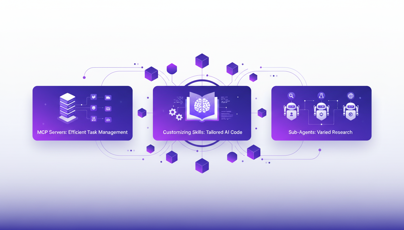 Modern illustration of customizing with skills, MCP servers, and sub-agents for efficient AI task management.