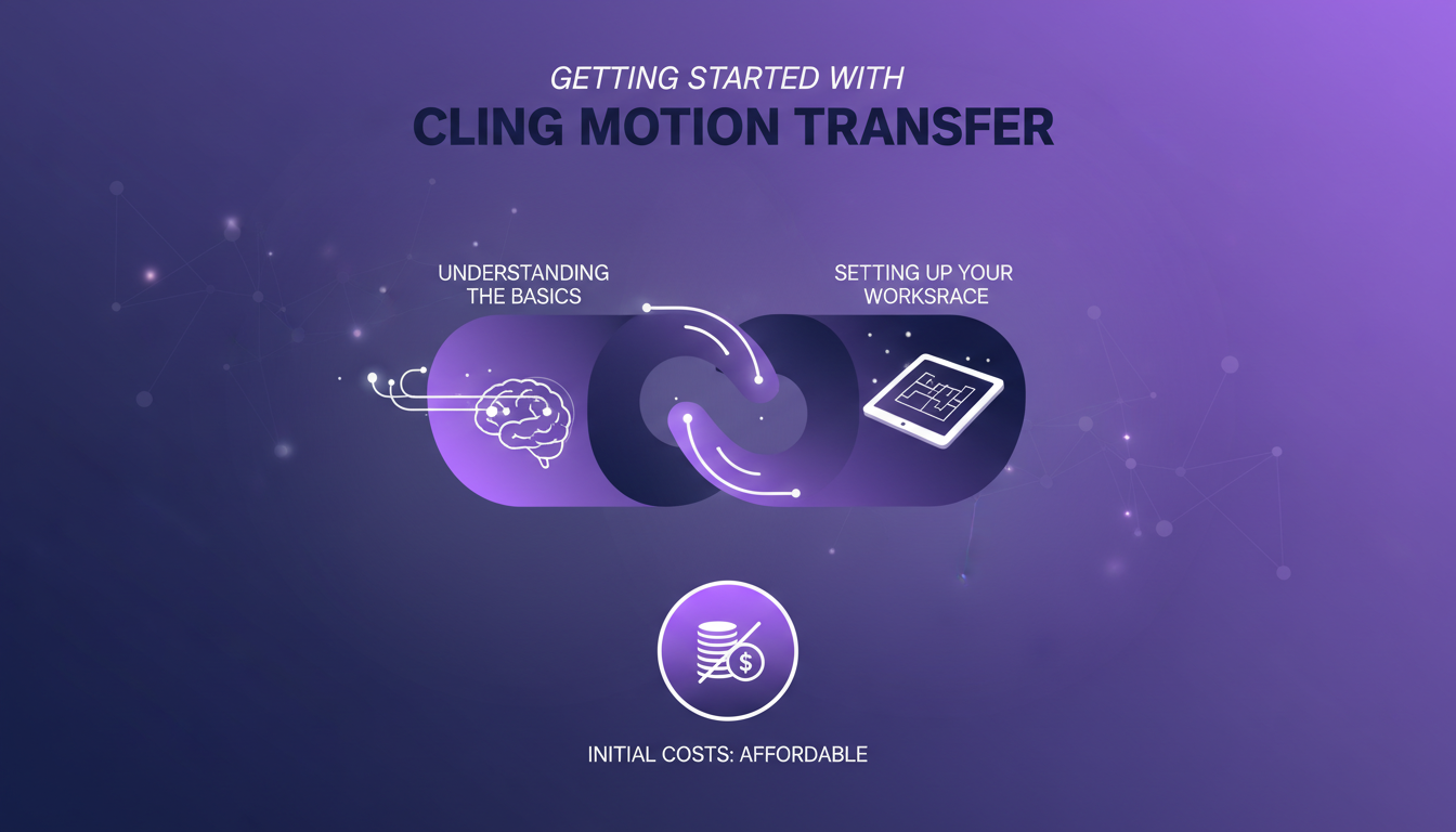 Modern illustration of Cling Motion Transfer with geometric shapes, soft shadows, gradients, indigo and violet palette.
