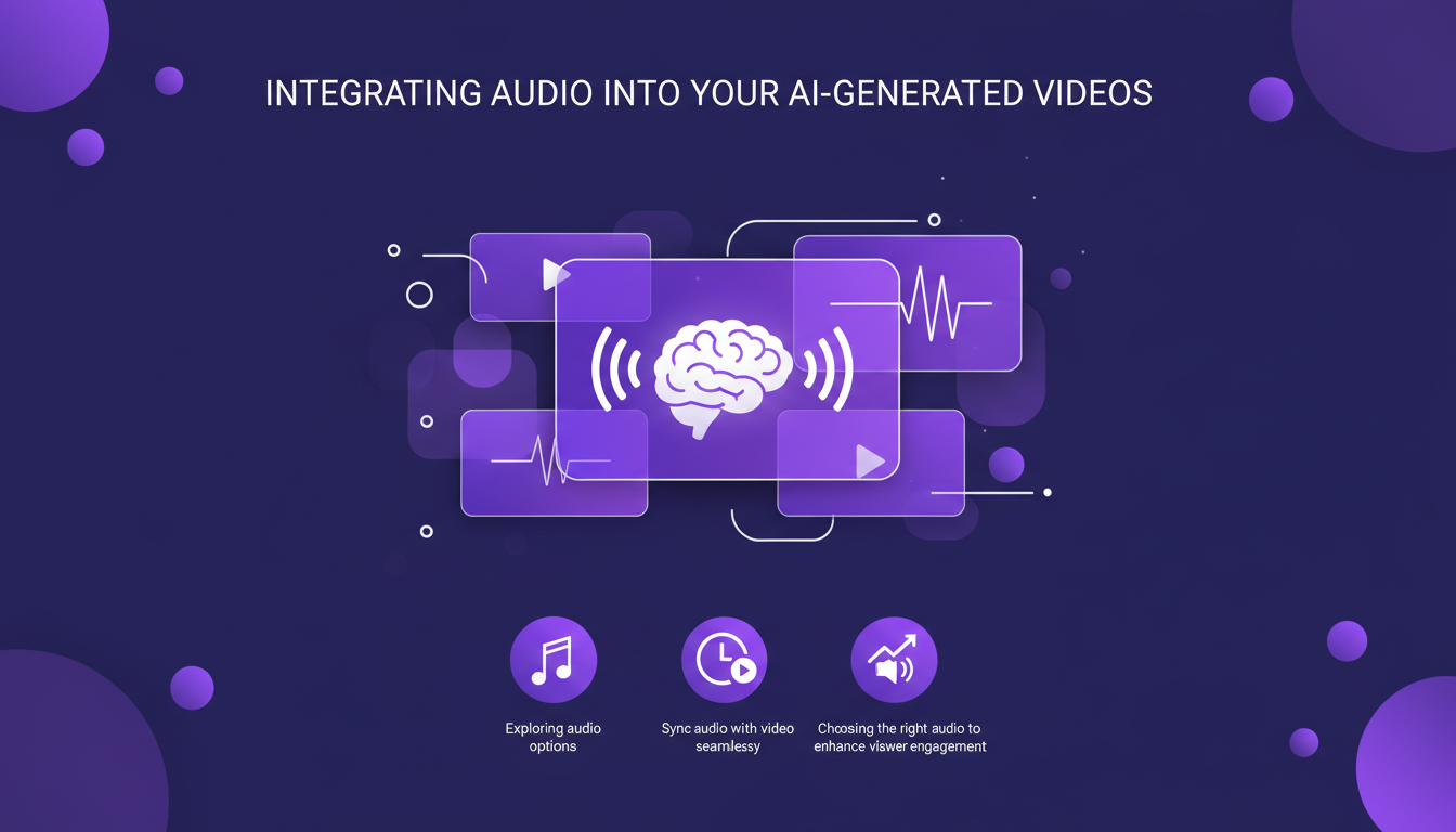 Modern illustration of integrating audio into AI-generated videos, featuring geometric shapes and indigo-violet gradients.