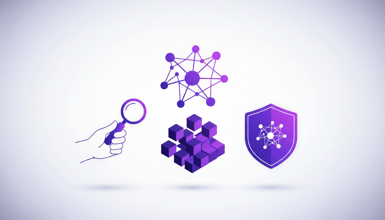 Modern illustration of navigating complexity with new technologies, featuring geometric shapes and indigo-violet gradients, suitable for AI tech context.