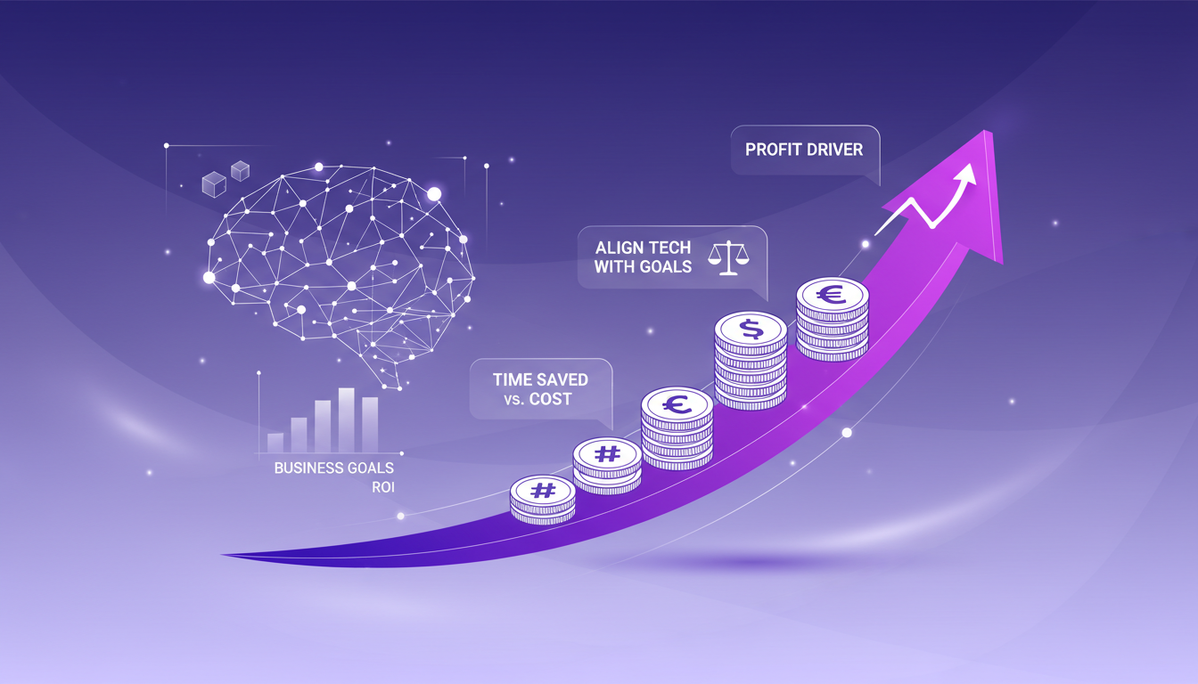 Modern illustration depicting profit potential in technology implementation with geometric shapes and indigo-violet color palette.