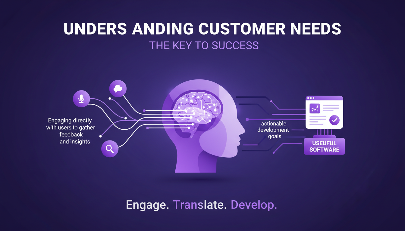 Modern illustration on understanding customer needs as key to success, featuring geometric shapes and indigo and violet colors.