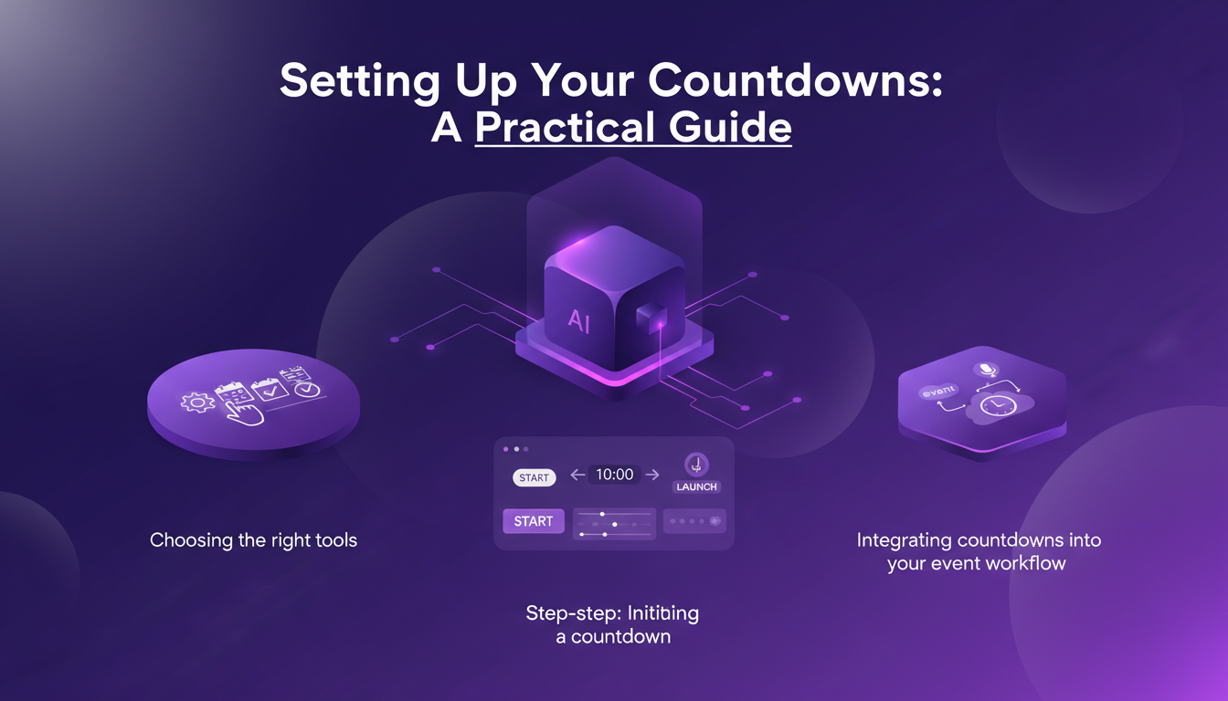 Modern illustration of setting up a countdown, featuring geometric shapes and indigo-violet gradients, practical guide.