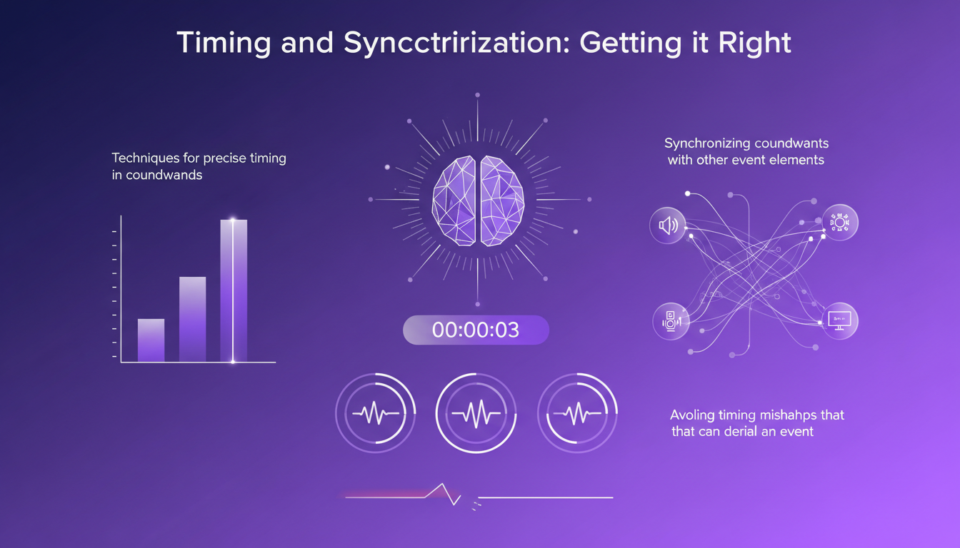 Modern illustration on timing and synchronization, featuring geometric shapes and indigo-violet gradients, symbolizing precision.