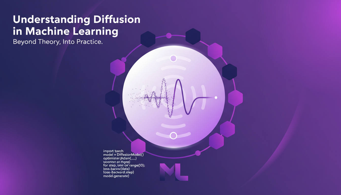 Modern illustration on diffusion in machine learning, depicting noise and signal separation with geometric shapes and gradient overlays.