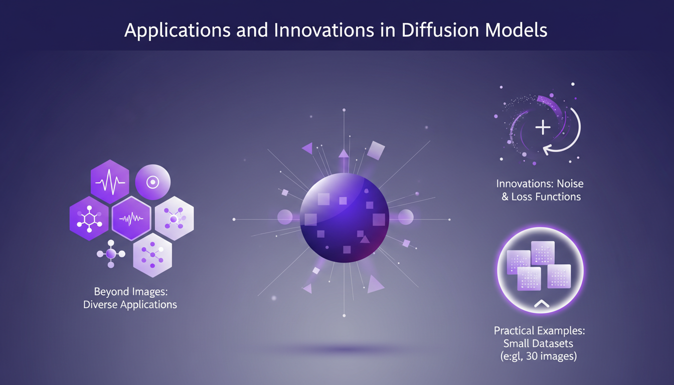 Modern illustration of AI diffusion models applications, featuring geometric shapes and indigo-violet gradients.