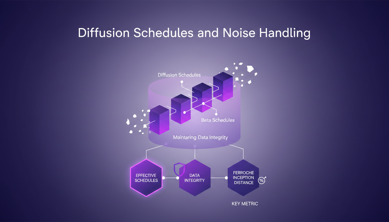 Modern illustration of diffusion schedules and noise handling in AI, featuring geometric shapes and an indigo-violet color palette.