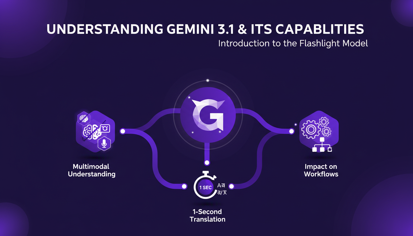 Modern illustration of Gemini 3.1 flashlight model with geometric shapes and gradients, showcasing its multimodal AI capabilities.