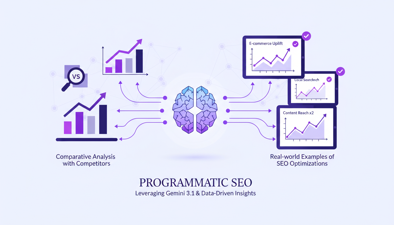 Modern illustration of programmatic SEO using Gemini 3.1, showcasing competitive advantages and real-world optimizations.