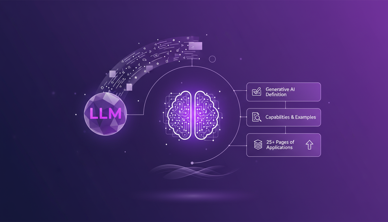 Illustration moderne de l'IA générative et des LLMs avec formes géométriques et dégradés indigo, violet et blanc.