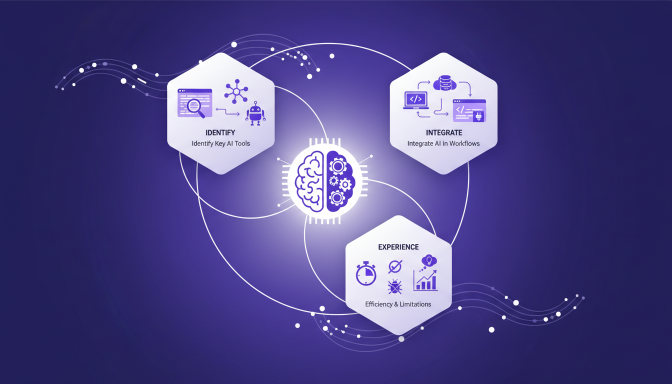 Illustration moderne de l'intégration des outils IA dans le développement logiciel, utilisant des formes géométriques et des dégradés indigo et violet.