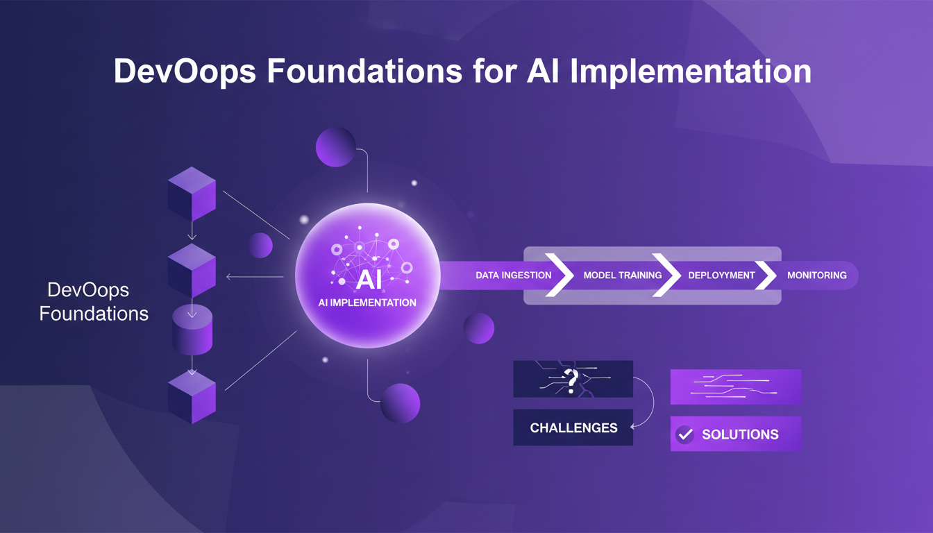 Illustration moderne de DevOps pour l'IA, avec formes géométriques et dégradés indigo et violet, soulignant pipeline et défis DevOps.