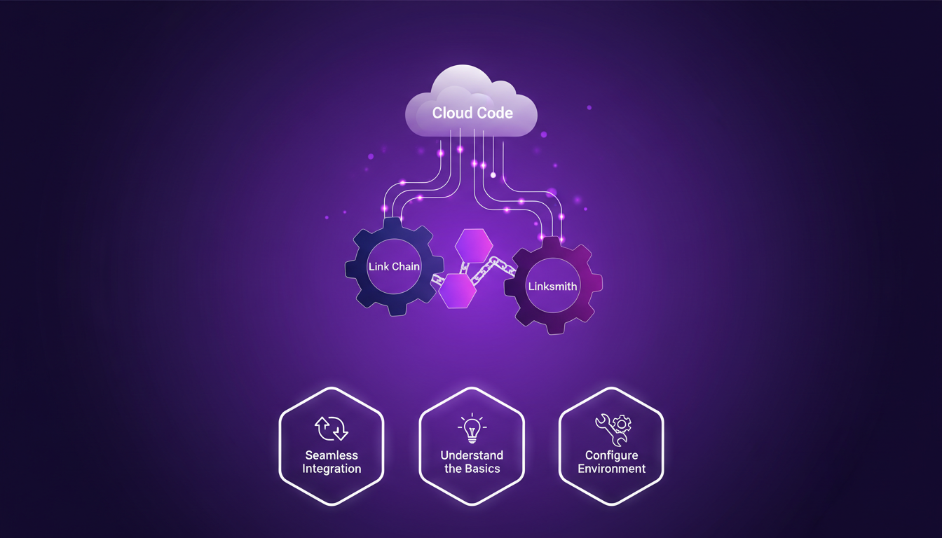 Illustration moderne montrant l'intégration de Link Chain et Linksmith avec Cloud Code, utilisant des formes géométriques et dégradés violets.