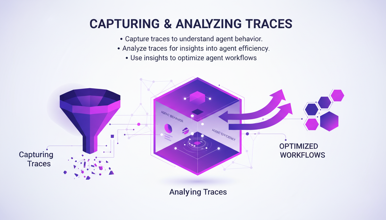 Illustration moderne de capture et analyse de traces, montrant des formes géométriques et dégradés, pour optimiser les flux de travail des agents AI.