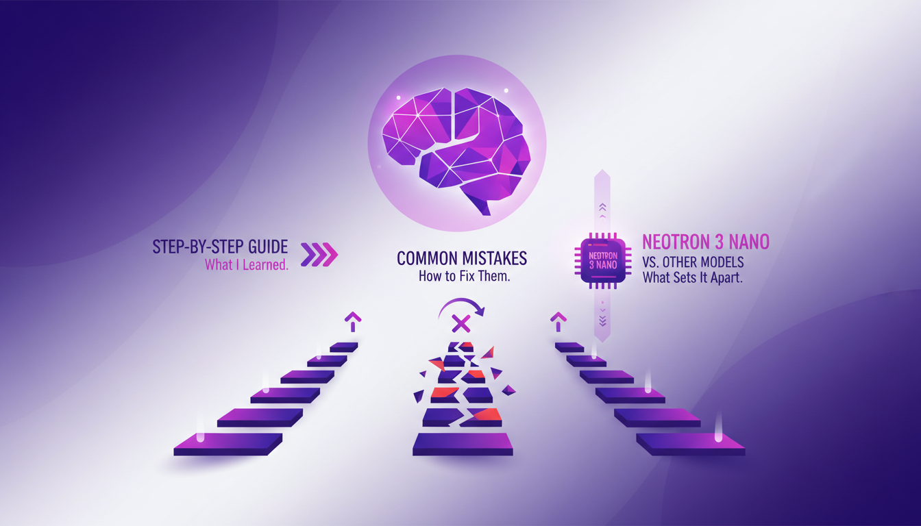 Modern minimalist illustration of practical implementation of Neotron 3 Nano in AI, featuring geometric shapes and violet gradients.