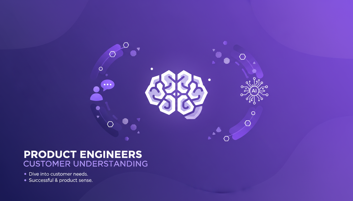 Illustration moderne de l'ingénieur produit connectant avec les besoins clients, utilisant des formes géométriques et des nuances violettes.