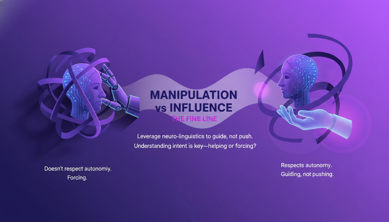 Modern minimalist illustration on manipulation vs influence, featuring geometric shapes and indigo-violet gradients, highlighting AI technology.