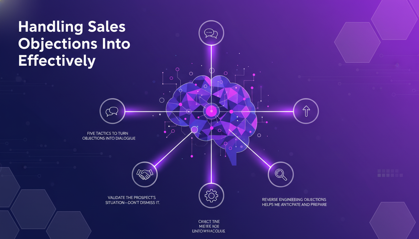Modern illustration of handling sales objections with AI, featuring geometric shapes and indigo and violet gradients.