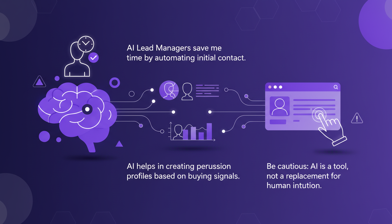Modern illustration depicting AI in sales processes with automated lead management and persuasion profiles, in a minimalist style.