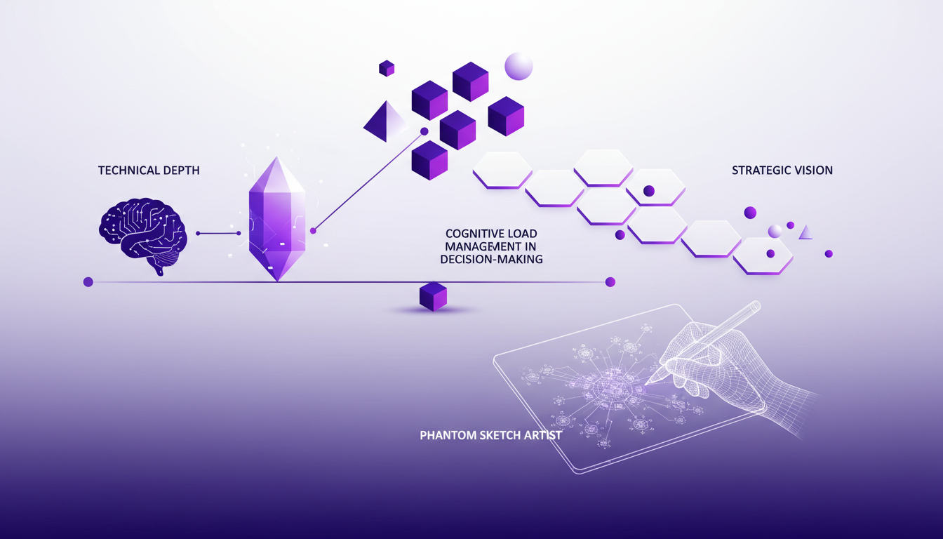 Modern illustration of an architect balancing strategic vision and technical depth, featuring cognitive management and AI concepts.