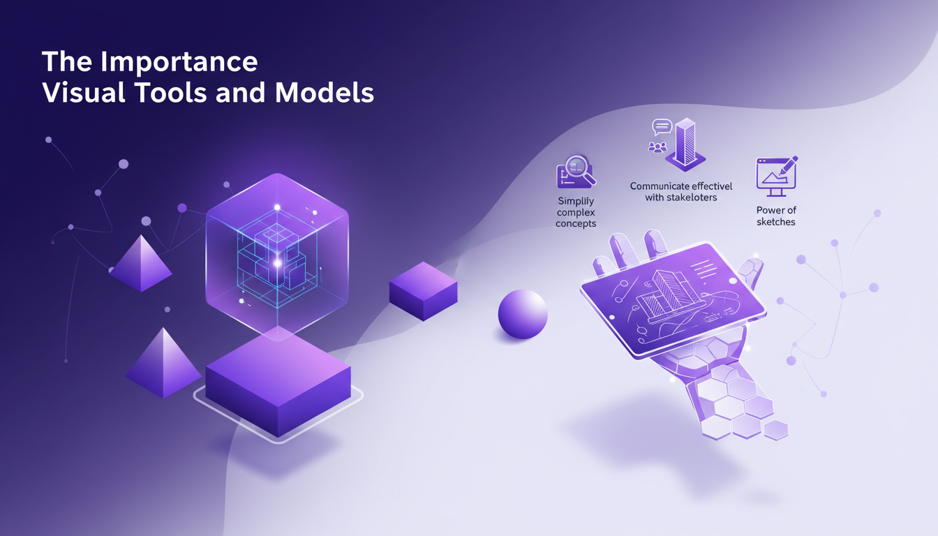 Modern minimalist illustration of visual tools in architecture with geometric shapes and gradients, highlighting the importance of models.