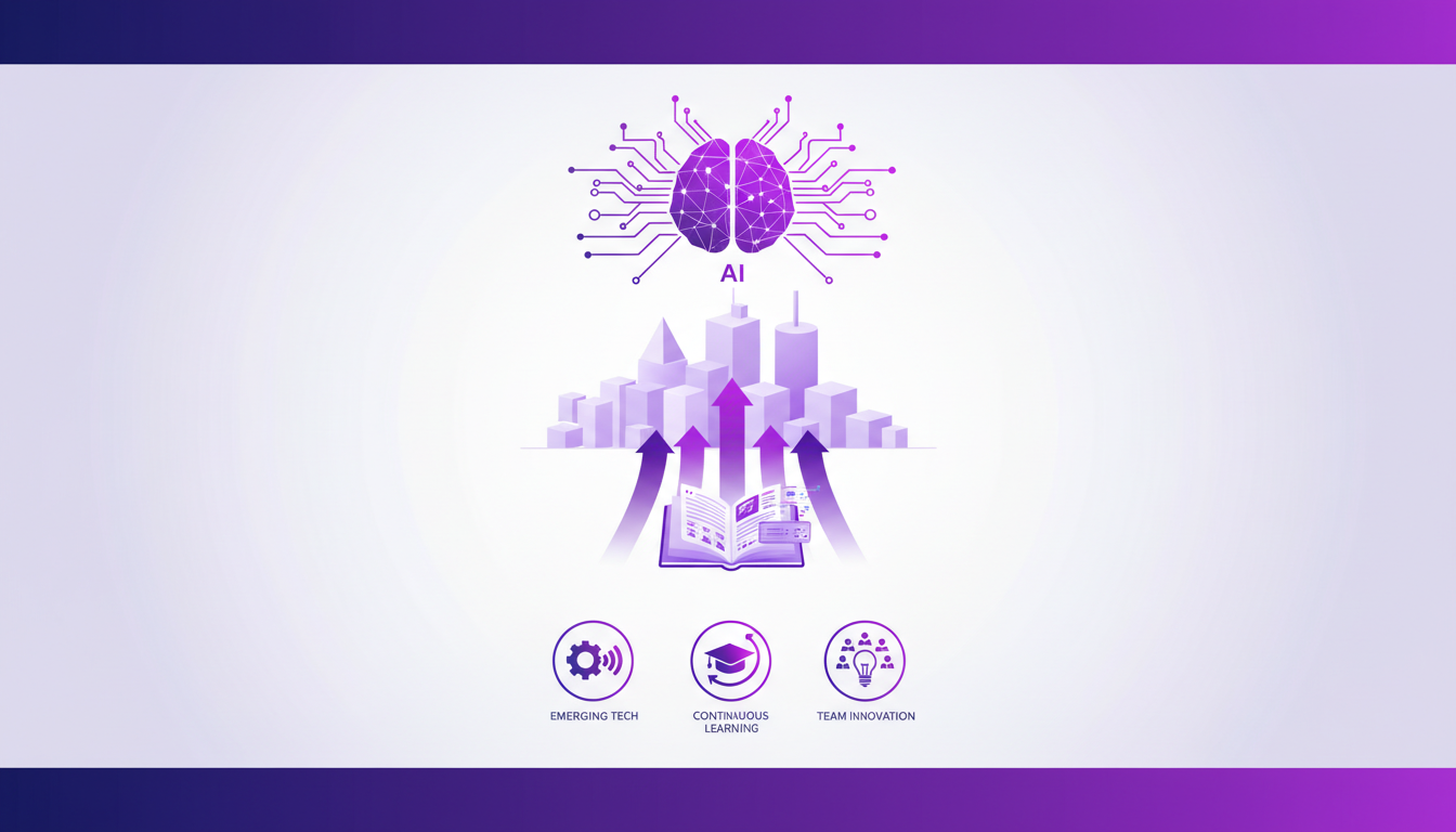 Modern illustration of adapting to technological changes and continuous learning, featuring geometric shapes and indigo gradients.