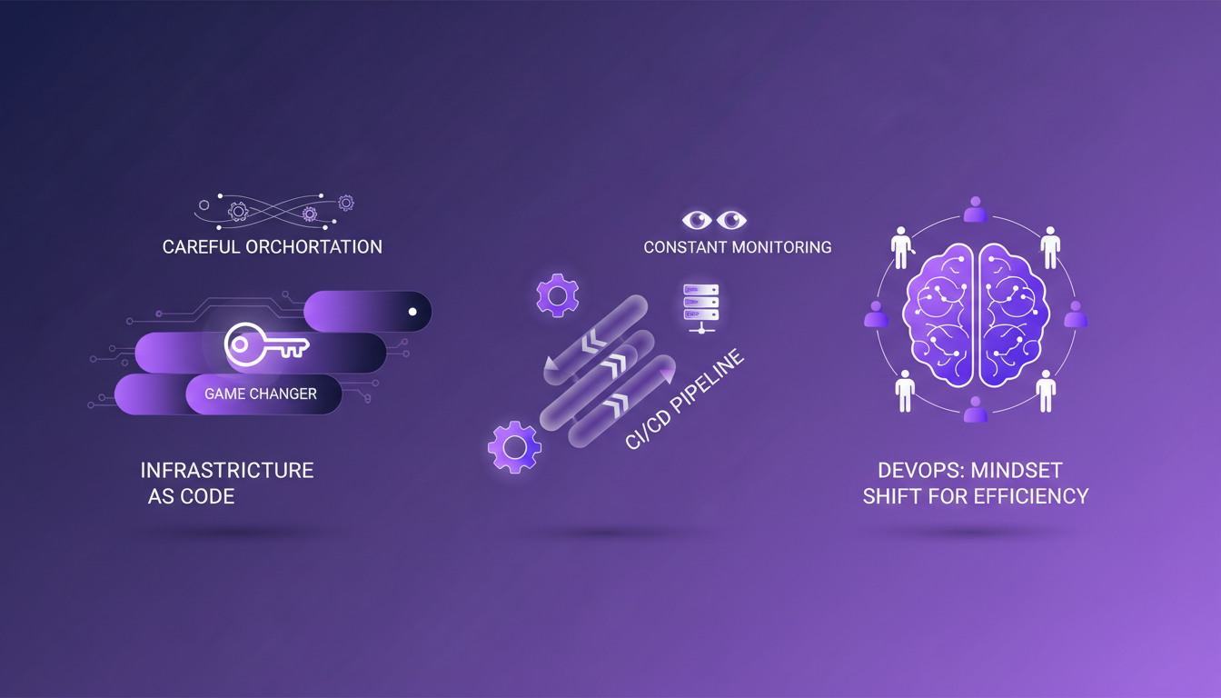 Modern illustration of DevOps evolution and Infrastructure as Code, featuring geometric shapes and indigo-violet gradients.