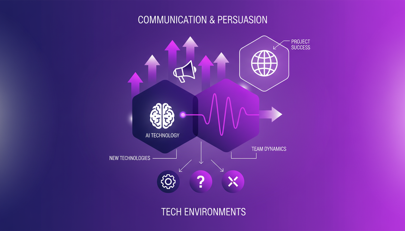 Modern illustration of communication and persuasion in tech environments, featuring geometric shapes and indigo-violet gradients.