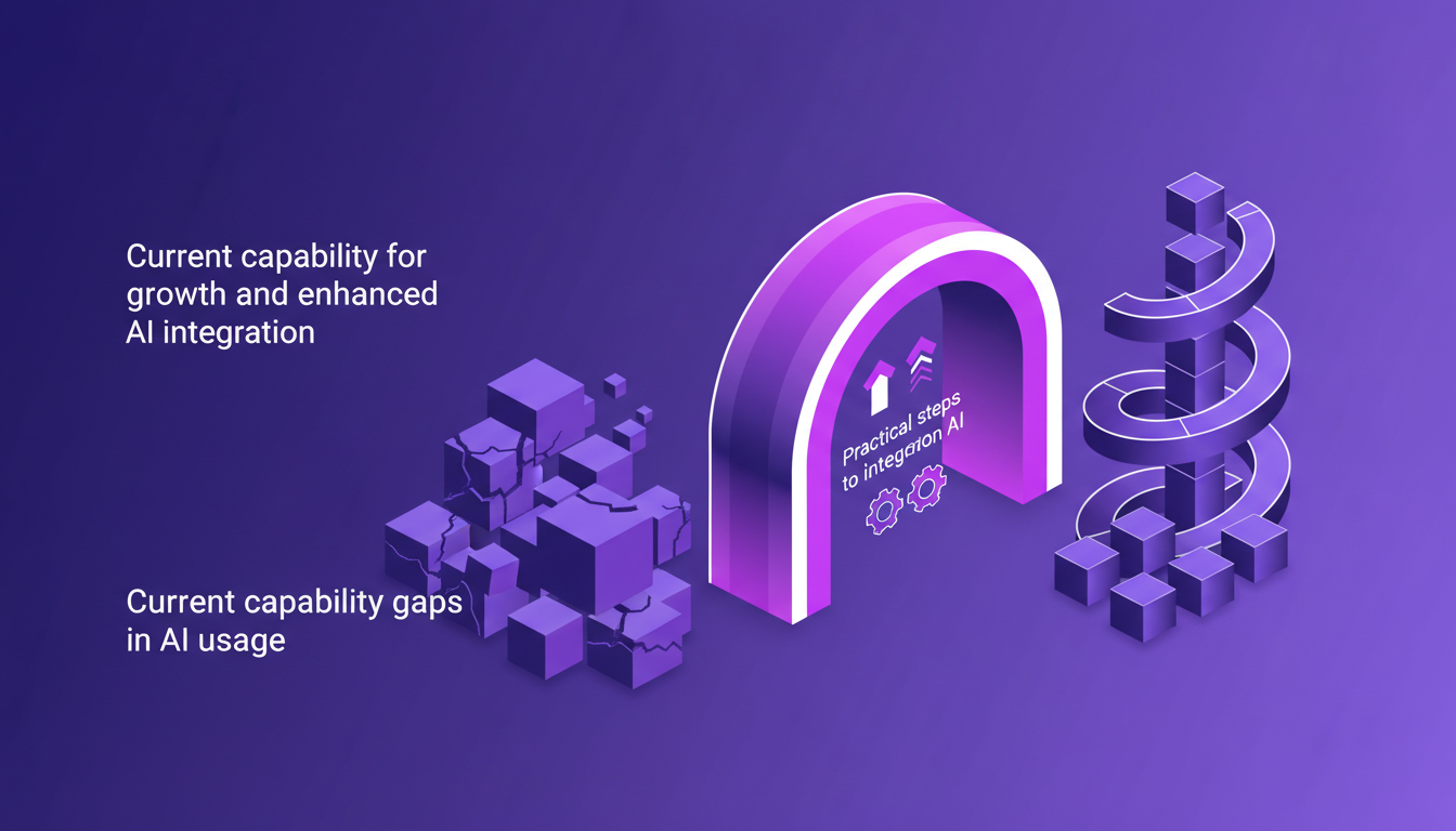 Modern illustration of bridging AI capability gaps, featuring geometric shapes and gradients in indigo and violet hues, highlighting growth opportunities.