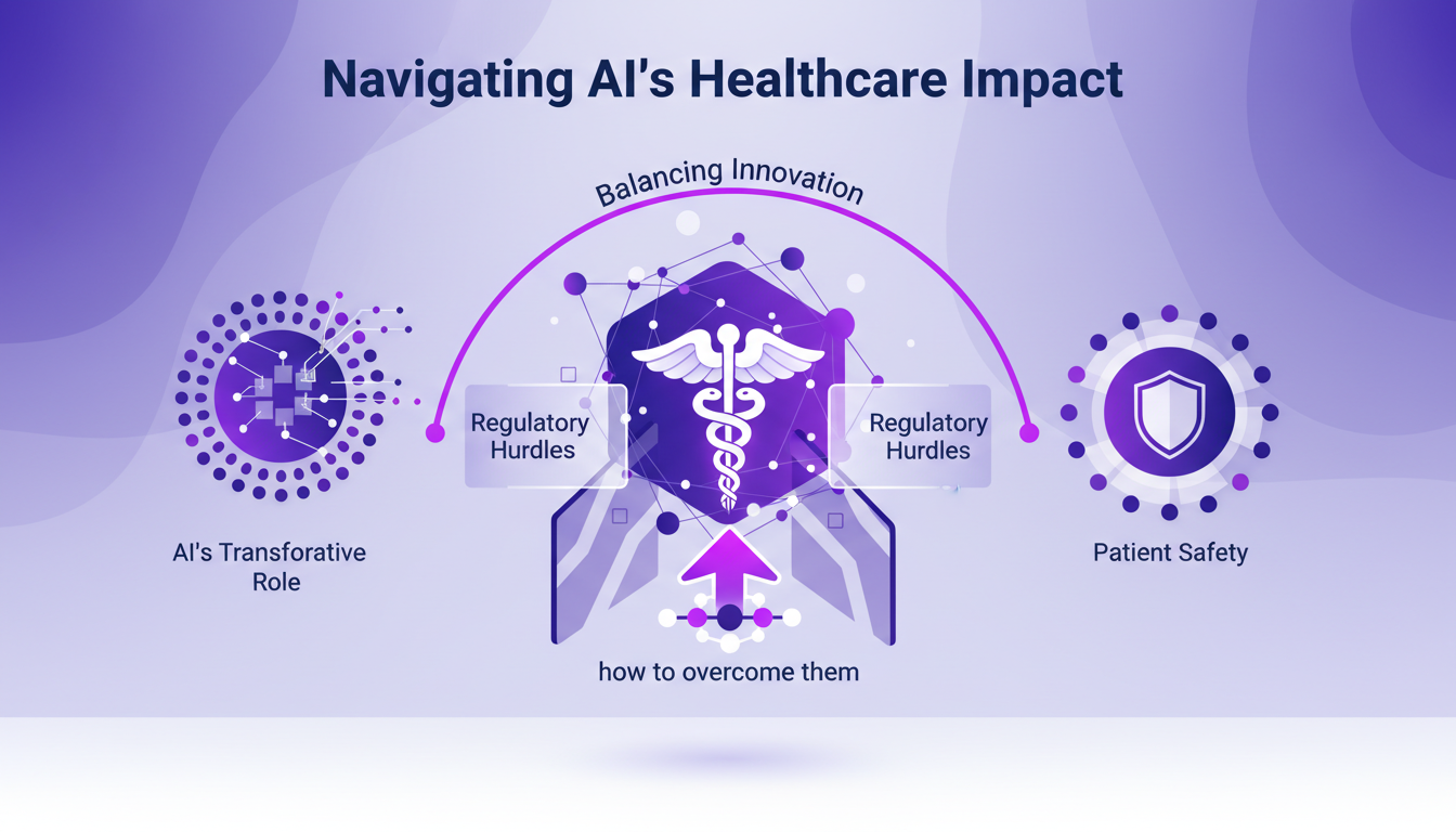 Modern illustration of AI's healthcare impact, featuring geometric shapes and indigo-violet gradients, symbolizing innovation and safety.