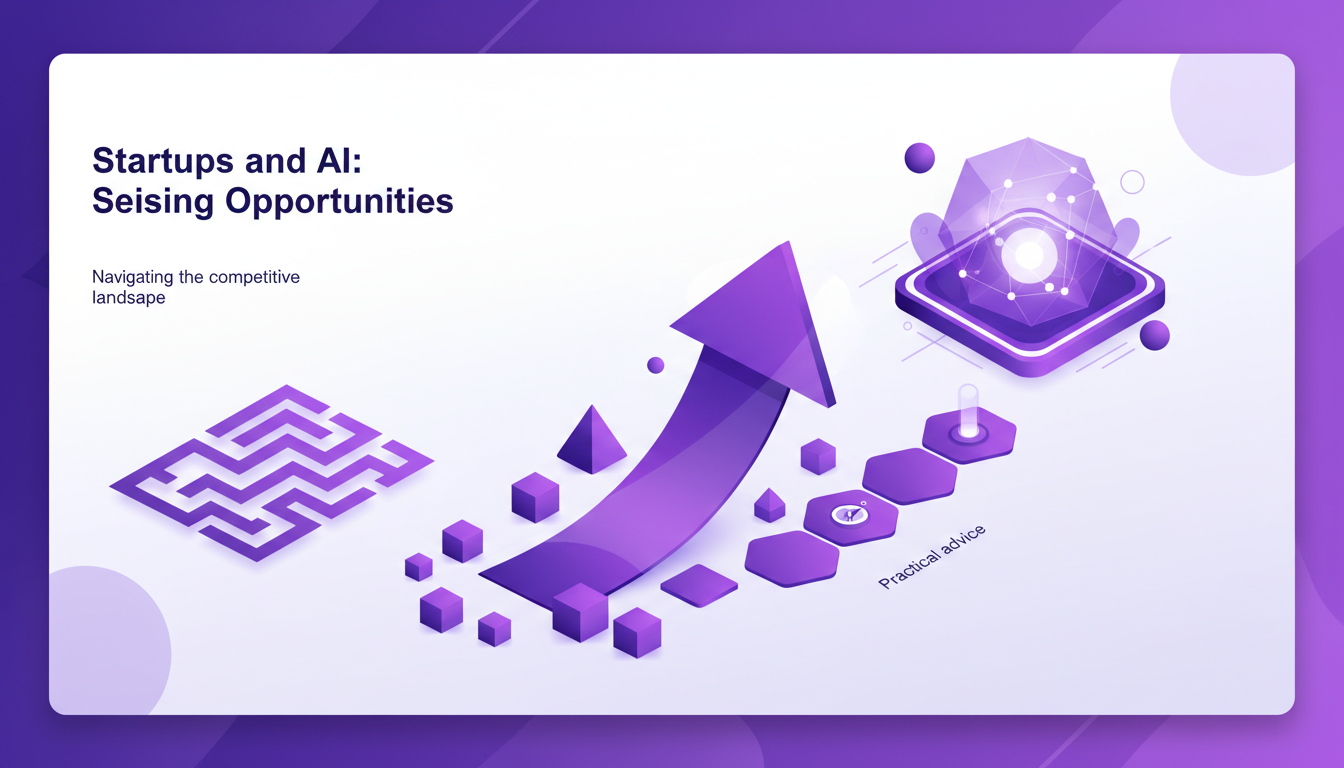 Modern illustration of startups exploring AI, featuring geometric shapes and indigo-violet gradients, symbolizing innovation and opportunity.