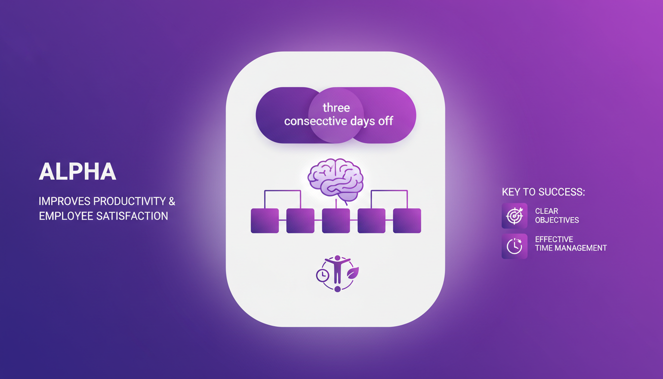 Modern illustration of a four-day workweek at Alpha, boosting productivity and work-life balance with three-day weekends.