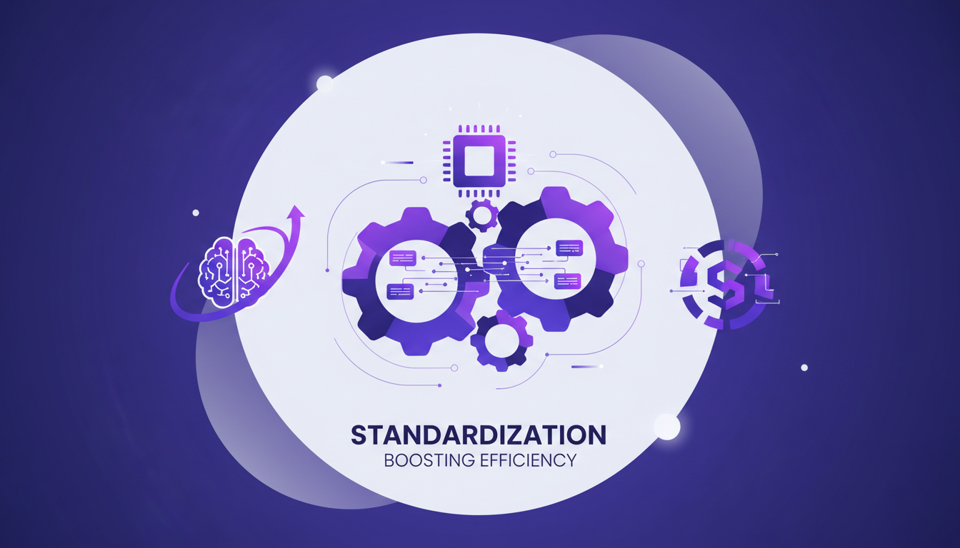 Modern illustration of standardization boosting efficiency, featuring geometric shapes and violet colors to depict AI innovation.