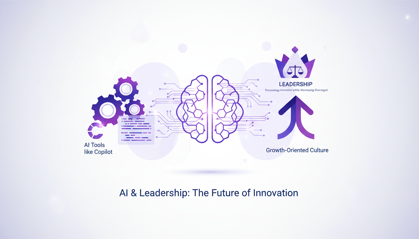 Modern illustration of leadership leveraging AI tools, featuring geometric shapes and violet gradients, symbolizing innovation.