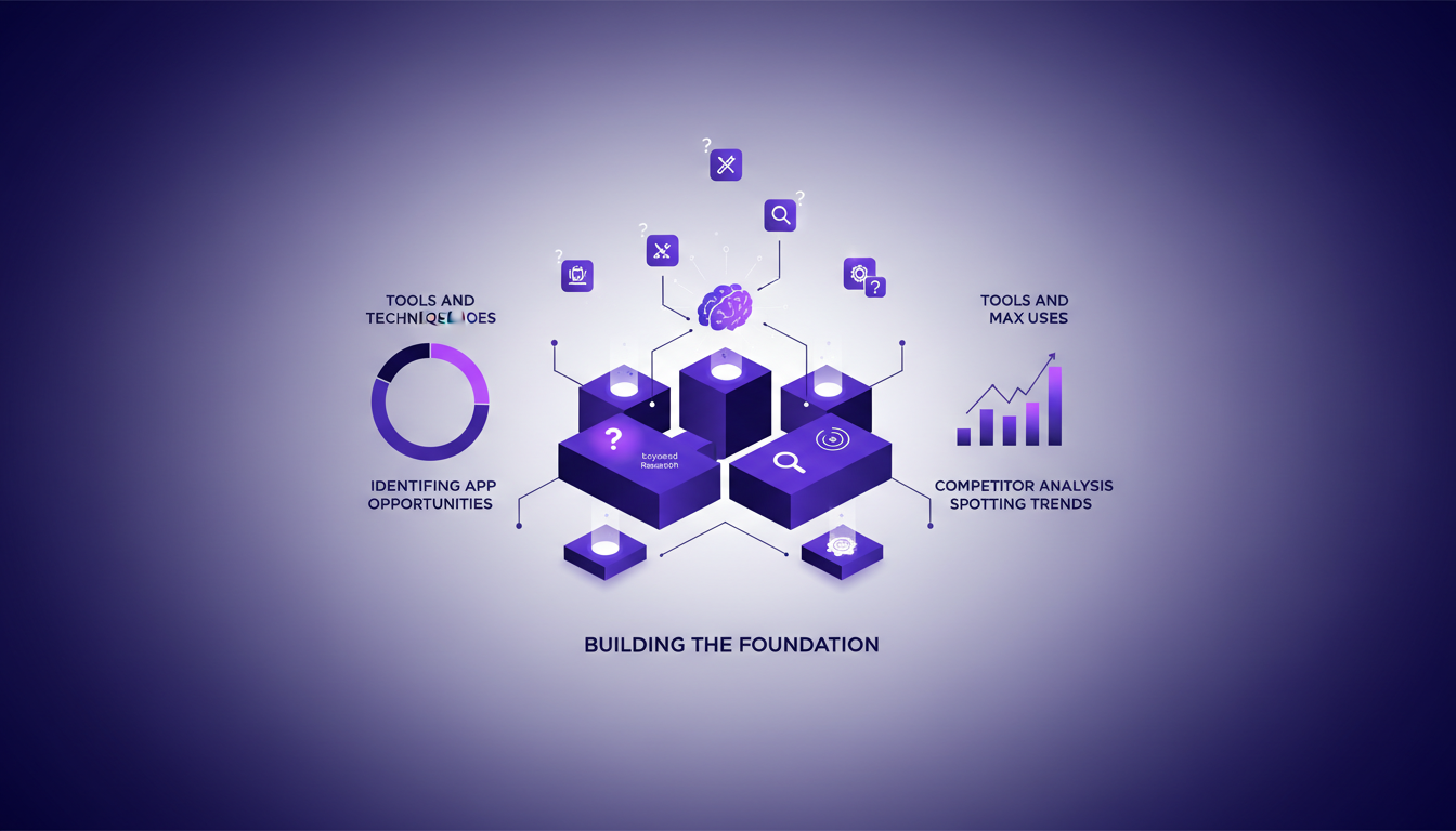 Modern illustration of keyword research and competitor analysis with geometric shapes and violet gradients, emphasizing AI technology.