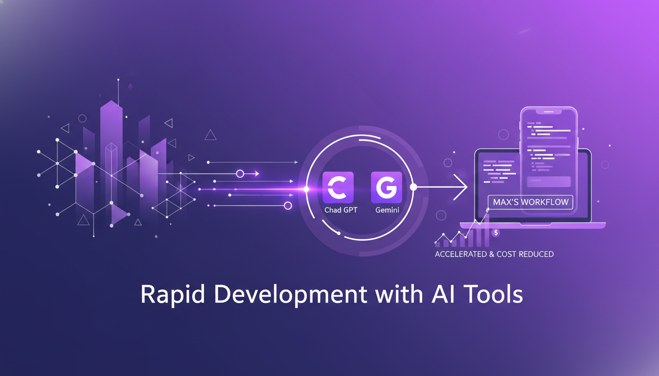 Modern illustration of rapid development with AI tools, integrating Chat GPT and Gemini, Max's workflow, indigo and violet palette.