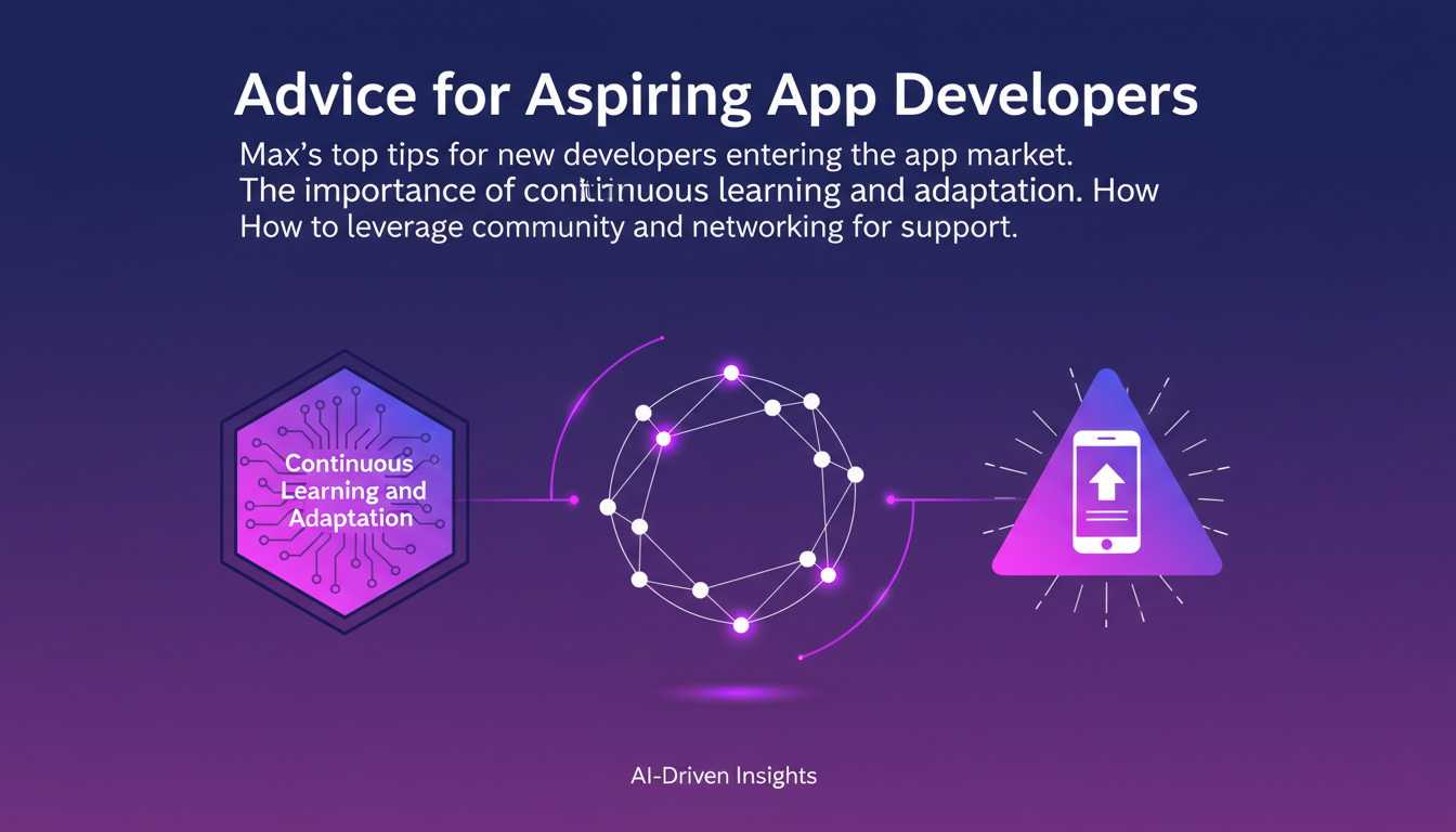 Modern minimalist illustration on advice for app developers, featuring geometric shapes and indigo-violet gradients for a tech blog.