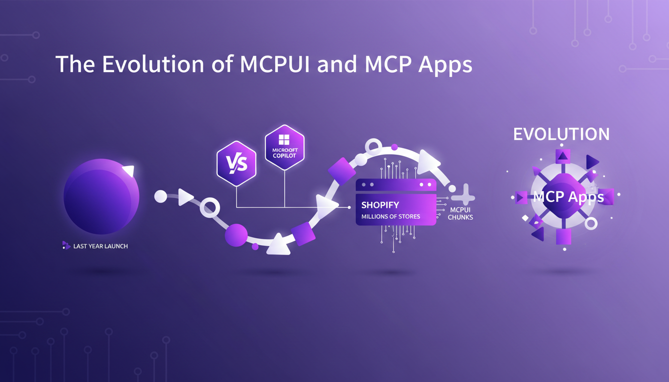 Illustration moderne de l'évolution de MCPUI et des applications MCP, avec des formes géométriques et des dégradés indigo et violet.