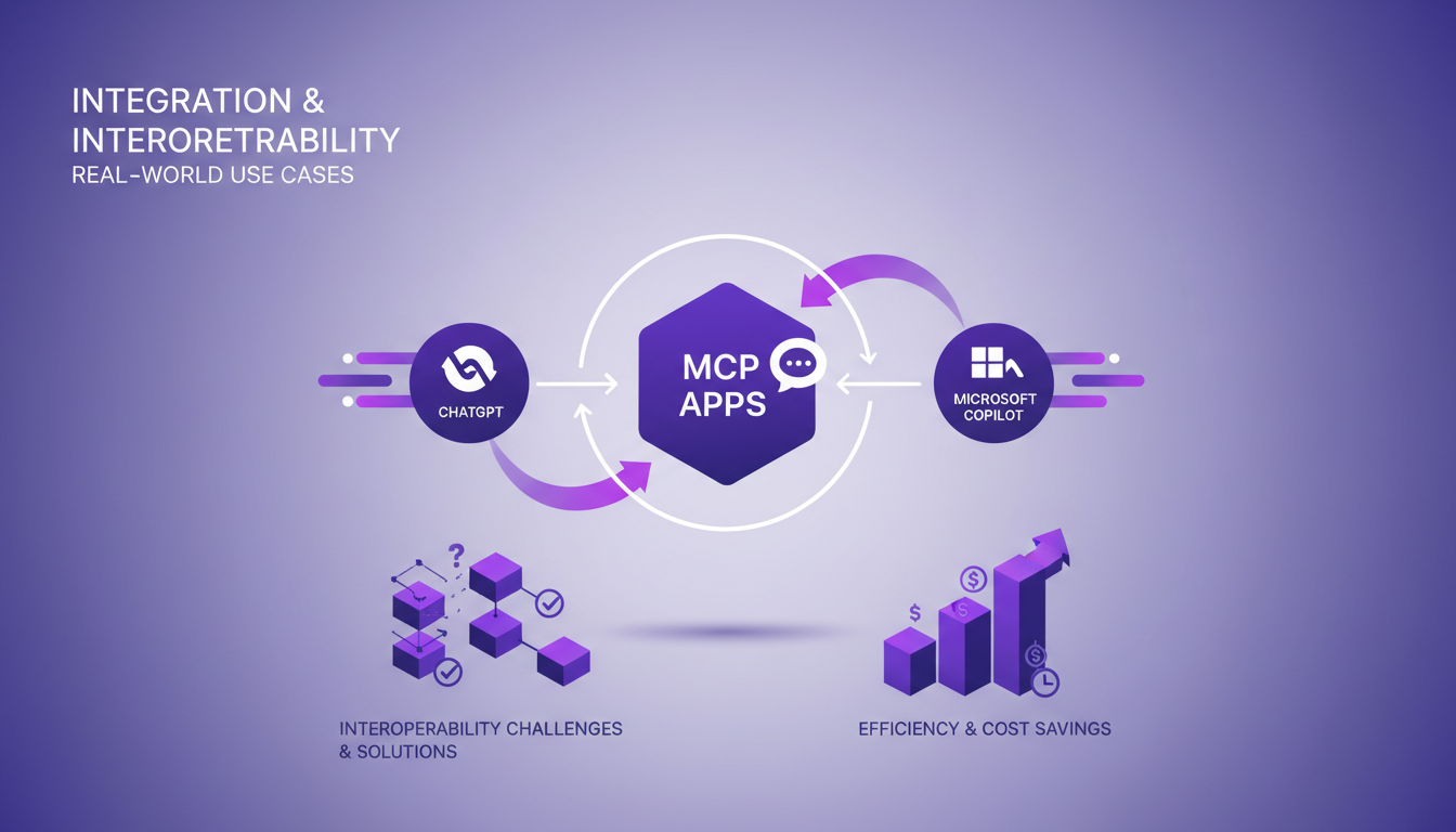 Illustration moderne montrant l'intégration et l'interopérabilité des applications MCP avec ChatGPT et Microsoft Copilot, utilisant des formes géométriques et des dégradés.