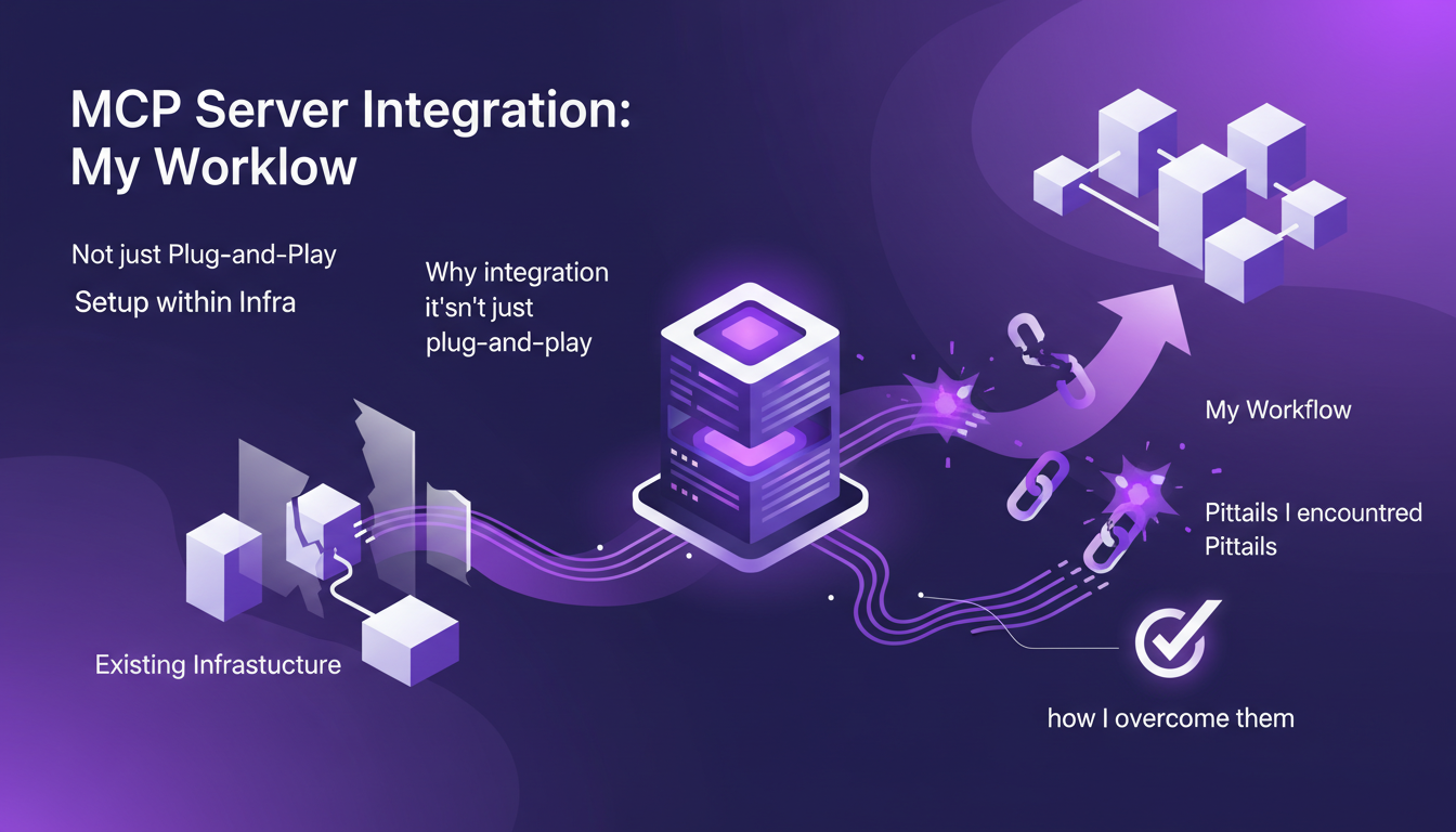 Illustration moderne de l'intégration du serveur MCP, workflow innovant avec formes géométriques et dégradés violets.