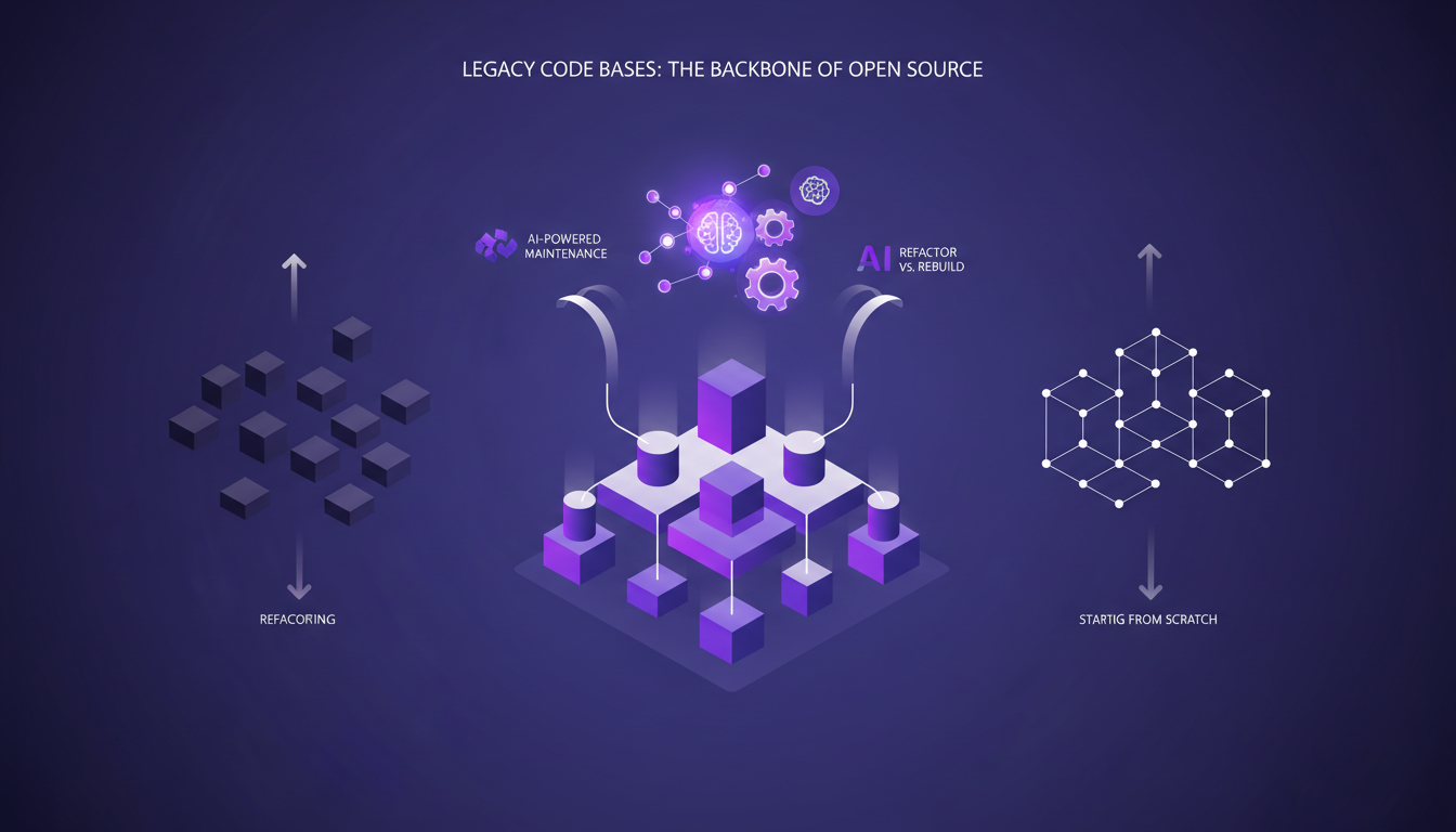 Modern illustration of legacy code bases in open source with geometric elements and violet hues, highlighting importance and innovation.