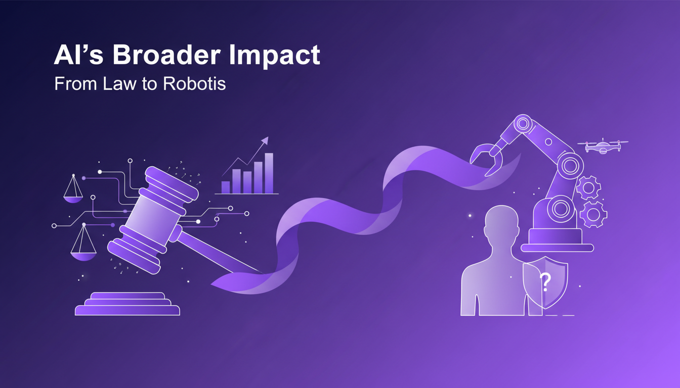 Modern illustration depicting AI's impact on law and robotics, featuring geometric shapes and subtle gradient overlays.