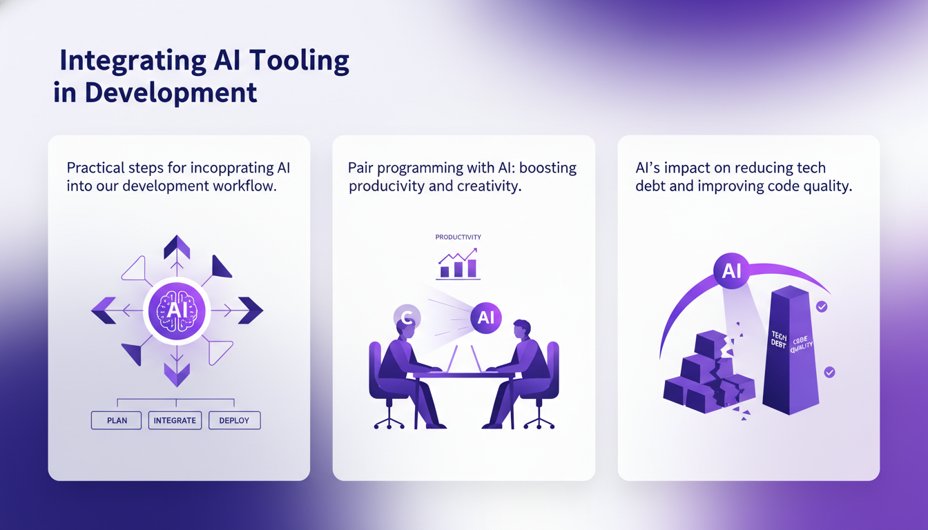 Modern illustration of integrating AI tools in development, featuring geometric shapes and violet gradients